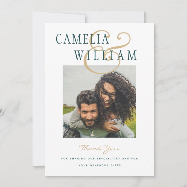 Peacock Teal Green Wedding PHOTO Thank You Invitation (Front)