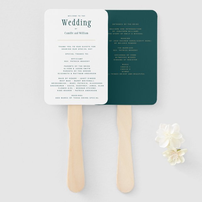 Peacock TEAL Green Wedding Program Hand Fan (Front and Back)