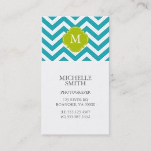 Peacock Teal & Green Zigzags Pattern Monogram Business Card