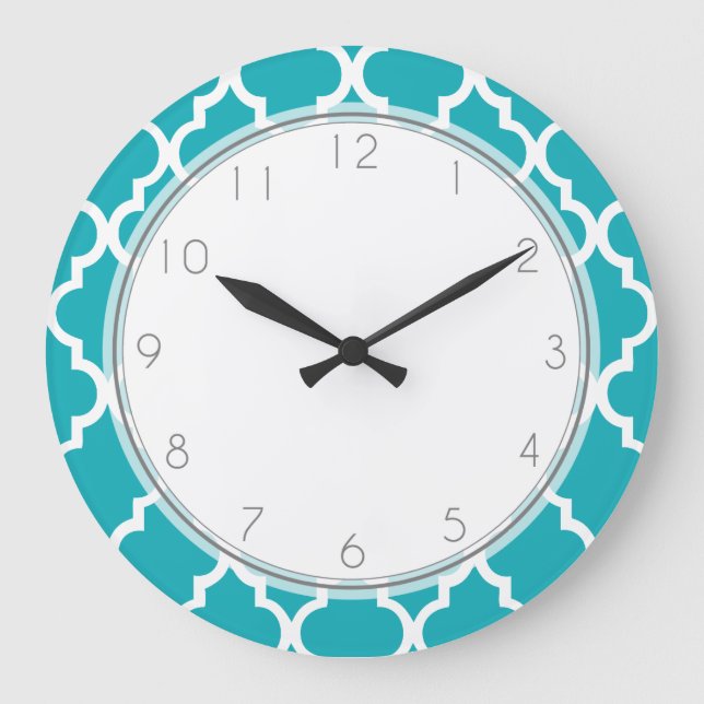 Peacock Teal Quatrefoil Pattern Large Clock (Front)
