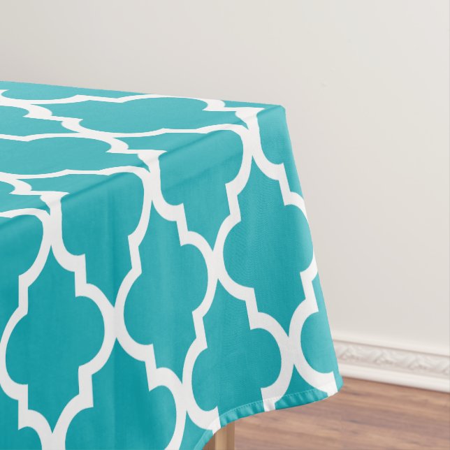 Peacock Teal Quatrefoil Tiles Pattern Tablecloth (In Situ)