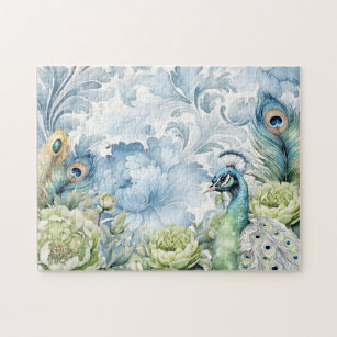 Peacock Teal & Sage Feathers Floral Jigsaw Puzzle