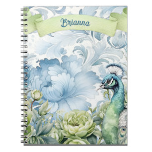 Peacock Teal & Sage Feathers Floral Personalized Notebook