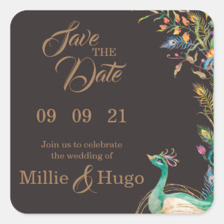 Peacock Them Wedding invitation Square Sticker