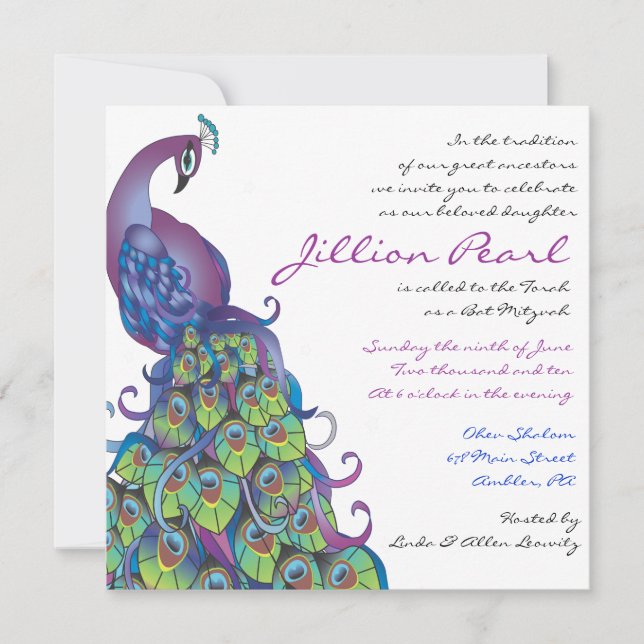 Peacock Thème Bat mitzvah Invitation Invitation bl (Devant)
