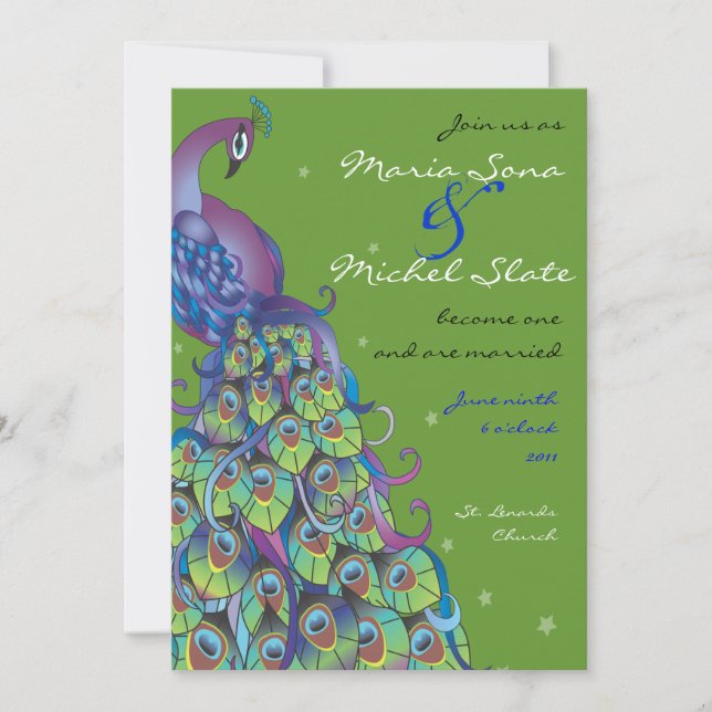 Peacock Theme Wedding Invitation Invite green leaf (Front)