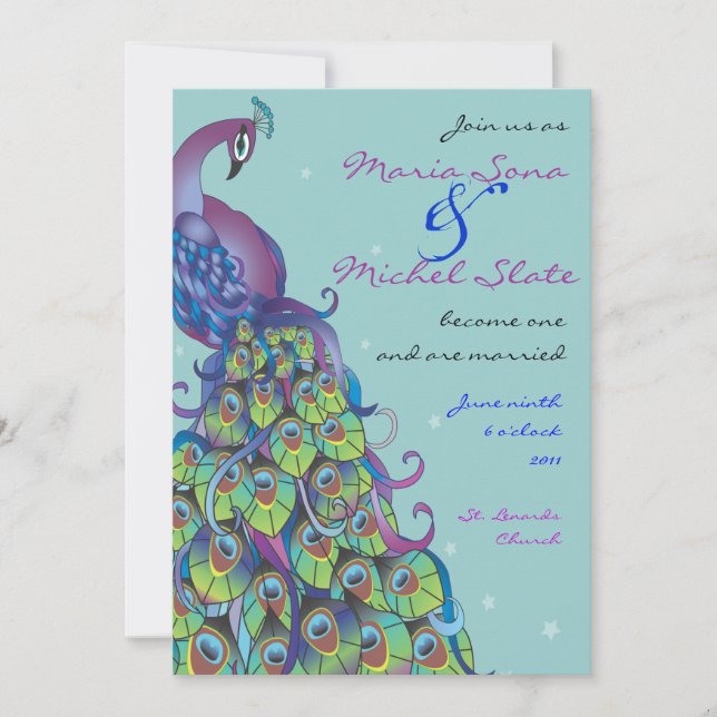 Peacock Theme Wedding Invitation Invite light Blue (Front)