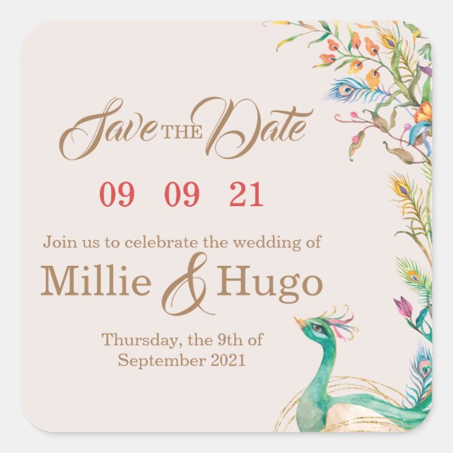 Peacock Theme Wedding invitation  Square Sticker (Front)