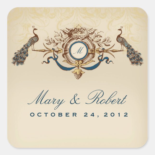 Peacock theme wedding square sticker (Front)
