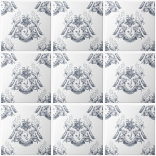 Peacock Toile French Blue Vintage Rabbit N Rooster Tile