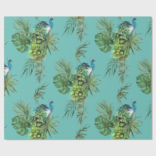 Peacock & Tropical Leaves Pattern Wrapping Paper (Flat)