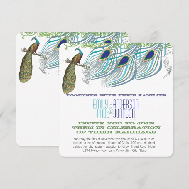 Peacock Vintage 3 Feathers with Peacock Invitation (Front/Back)