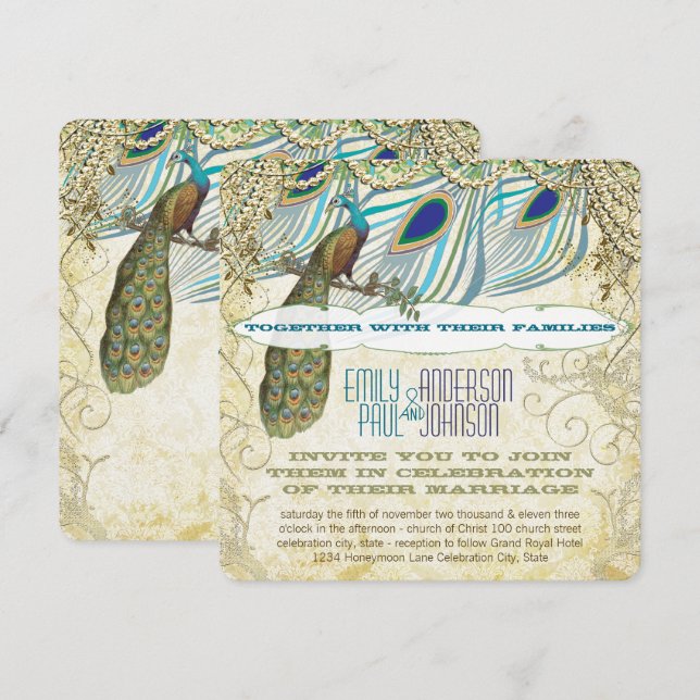Peacock Vintage 3 Feathers with Peacock Invitation (Front/Back)