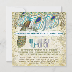 Peacock Vintage 3 Feathers with Peacock Invitation