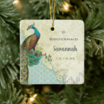 Peacock Vintage Bird Maid of Honour Bridesmaid Ceramic Ornament<br><div class="desc">Aqua,  Blue,  Teal,  Copper,  Brown,  Tan,  Beige,  and Green with Faux Distressed Parchment Lace Background.  Peacock Vintage Bird Maid of Honour Bridesmaid.  Perfect Favour Gift for Bridesmaids for a Roaring 20s,  Gatsby,  Medieval,  Renaissance,  Vintage Love Bird,  Lovebird,  Whimsical Wedding Theme.</div>