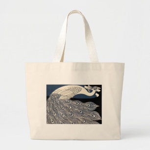 Peacock Vintage Blue Art Nouveau Art Large Tote Bag