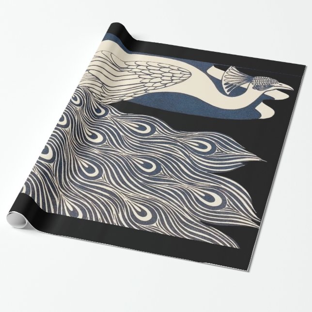 Peacock Vintage Blue Art Nouveau Art Wrapping Paper (Unrolled)