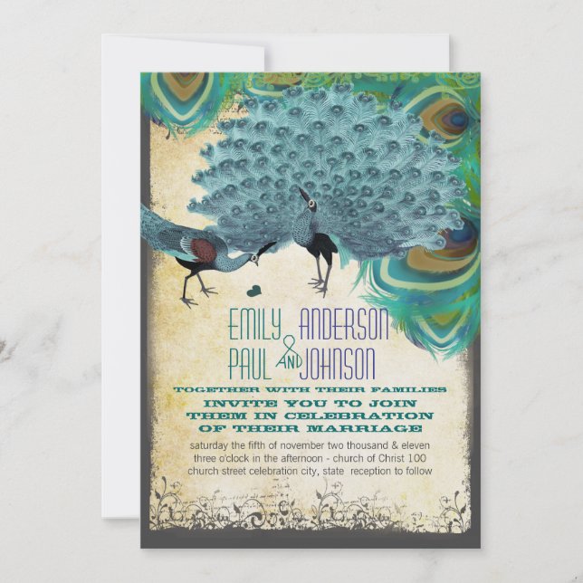 Peacock Vintage Feather Swirl Burnt Edge Parchment Invitation (Front)