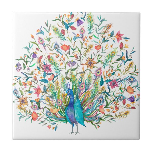 Peacock Vintage Illustration Ceramic Tile (Front)
