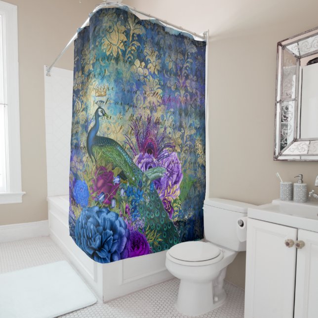 Peacock Vintage Look Shower Curtain Bath Curtains (In Situ)