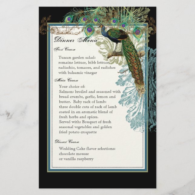 Peacock vintage, Plumes, Menu Dîner Feuille (Devant)
