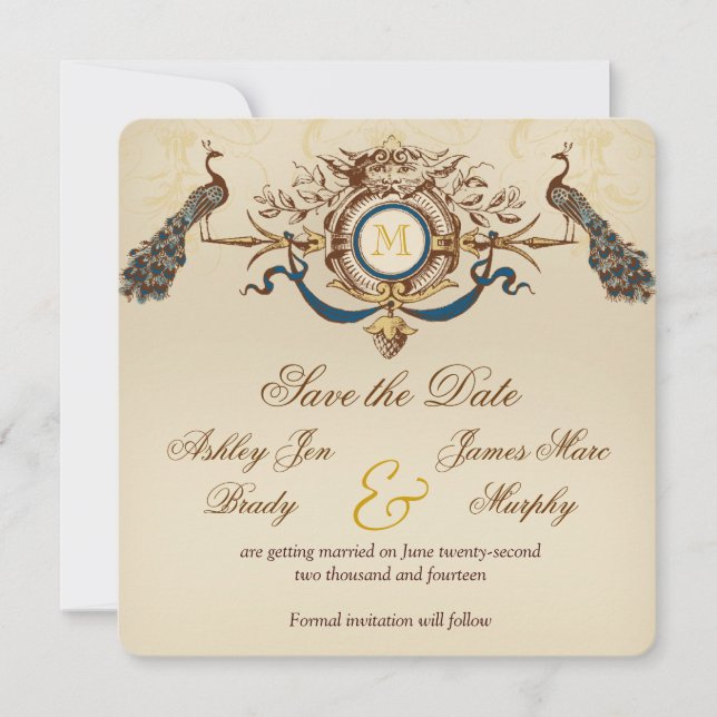 Peacock Vintage Save the Date Cards (Front)