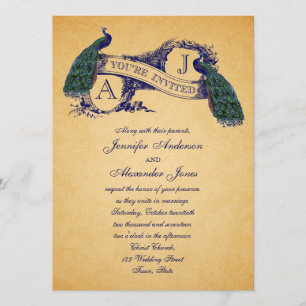 Peacock Vintage Wedding Invitation   Blue