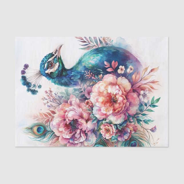 Peacock Watercolor Colourful Floral Art  Tissue Paper (Front)