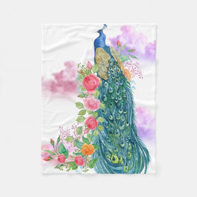 Peacock Watercolor Feather Art Blanket (Front)