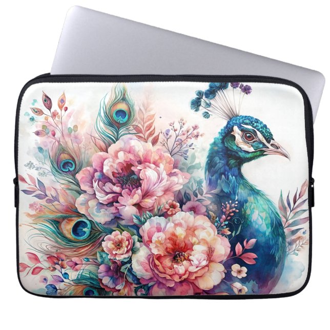 Peacock Watercolor Floral Portrait Laptop Sleeve (Front)