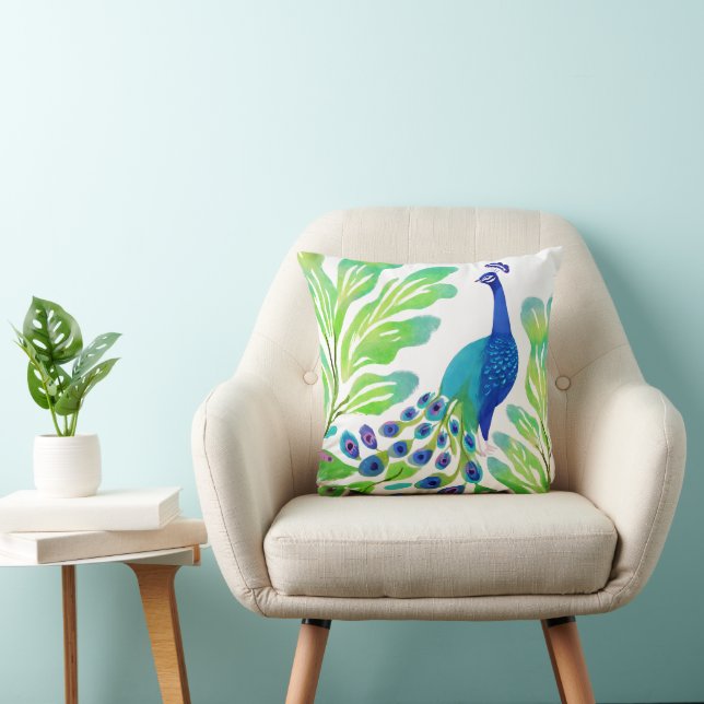 Peacock Watercolor Throw Pillow (Chair)