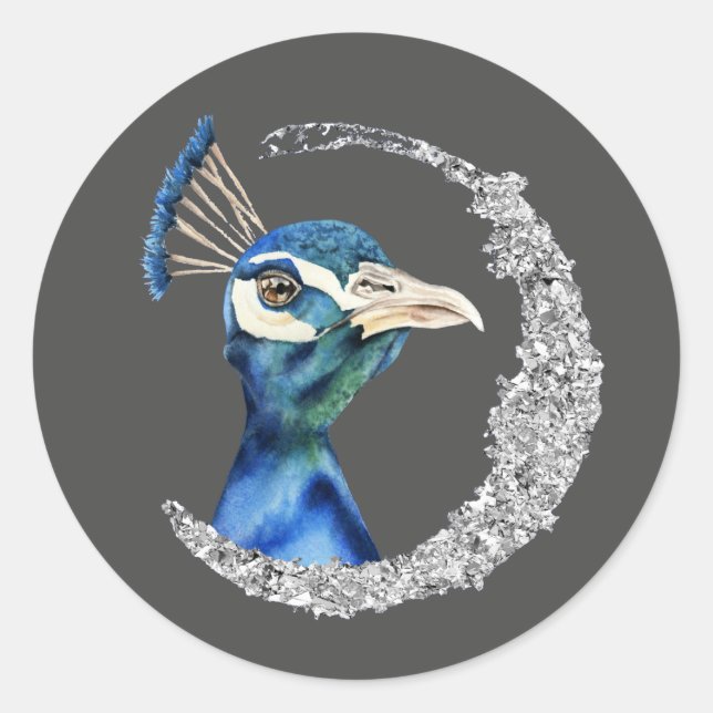 Peacock Watercolor with Faux Silver Glitter Classic Round Sticker (Front)