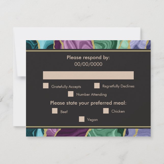 Peacock Watercolour Agate Wedding (Meal Choice) RSVP Card (Back)