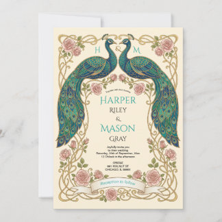 Peacock Wedding Invitation Art Nouveau Floral Fram