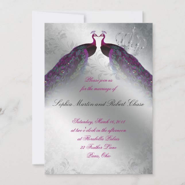 Peacock Wedding Invite Pink Vintage Silver (Front)