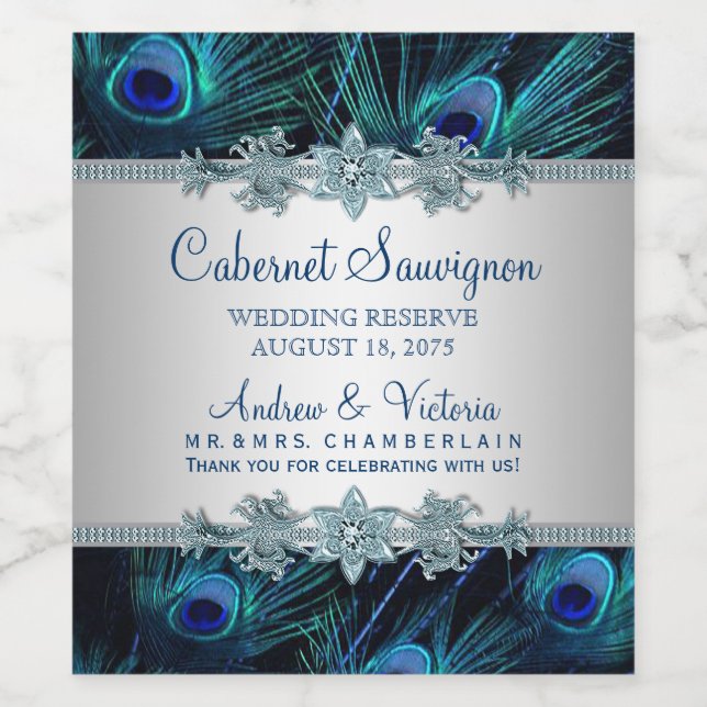 Peacock Wedding Wine Bottle Labels (Single Label)