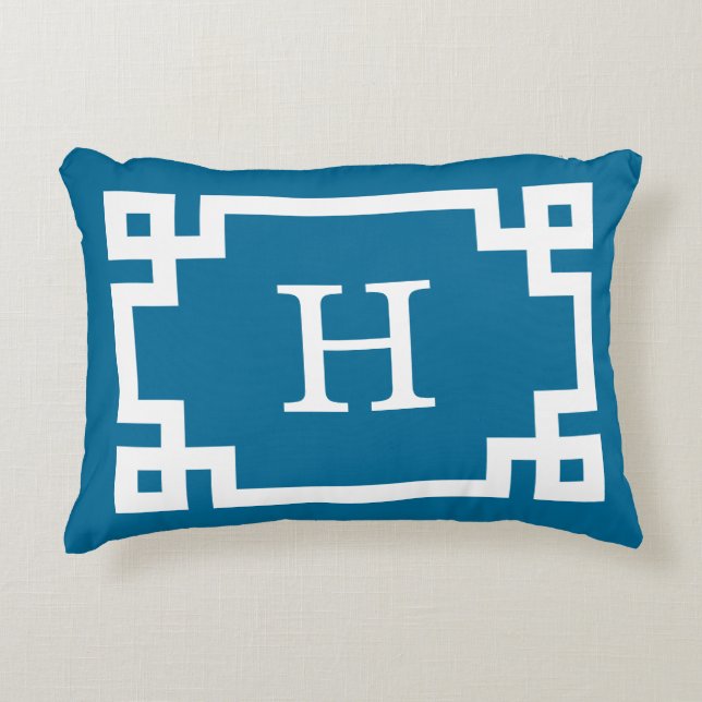 Peacock White Greek Key Framed #2 Initial Monogram Decorative Pillow (Front)