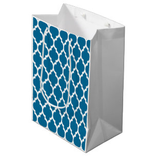 Peacock, White Moroccan Quatrefoil Pattern #4 Medium Gift Bag