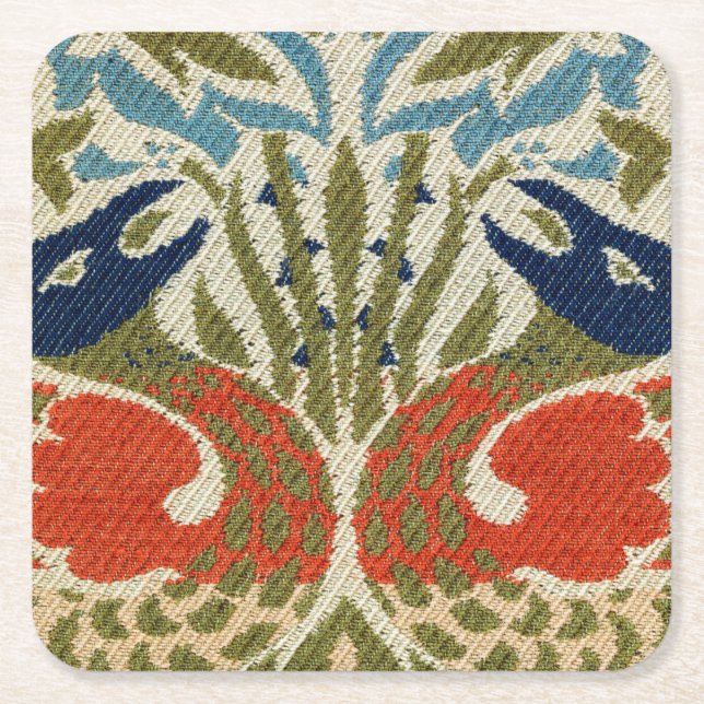 Peacock, William Morris Square Paper Coaster (Front)