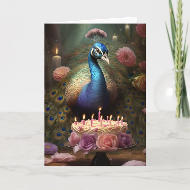 Peacock with a Birthday Cake Card (Front)