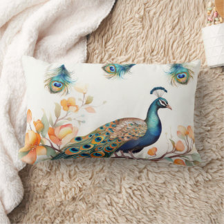 Peacock with Falling Feathers and Orange Flowers Lumbar Pillow