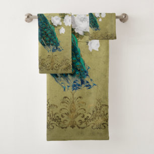 Peacock with flowers bath towel set