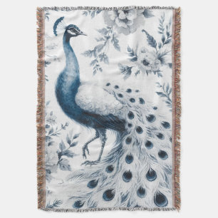 Peacock with flowers blue throw blanket