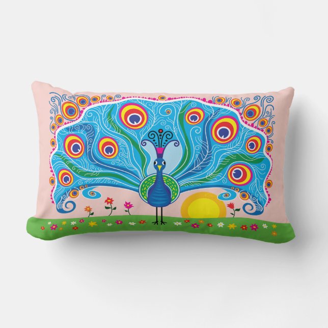 Peacock with Flowers Lumbar Pillow (Front)