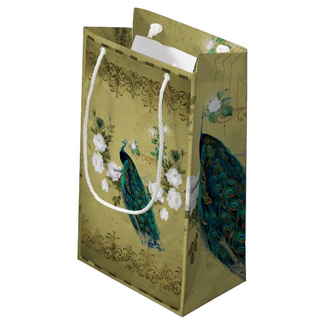 Peacock with flowers small gift bag (Back Angled)
