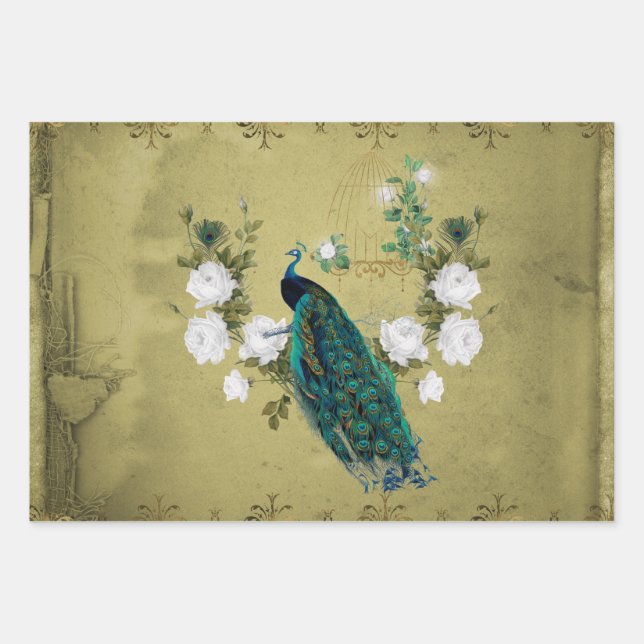 Peacock with flowers wrapping paper sheet (Front)