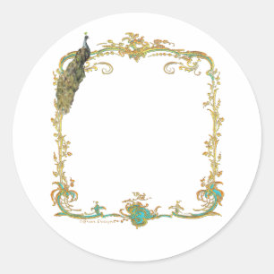 Peacock with Gold Frame Ornate Art Print Classic Round Sticker