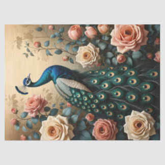 Peacock with Peach and Pink Roses Decoupage Tissue Paper