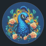 Peacock With Peach Roses Classic Round Sticker<br><div class="desc">Behold the majestic beauty of our stunning artwork featuring a resplendent peacock adorned with a cascade of peach pink roses. Vibrant hues and intricate details bring this magnificent creature to life, with its iridescent plumage shimmering in hues of blue, green, and gold, while delicate roses add a touch of softness...</div>