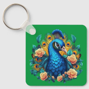 Peacock With Peach Roses Keychain
